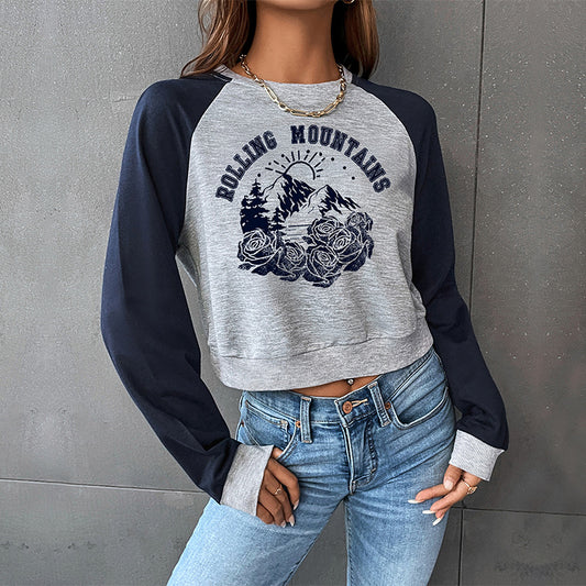 New Spring And Autumn College Style With Rotator Sleeve Bm Color Short Crop Round Neck Pullover Hoodie