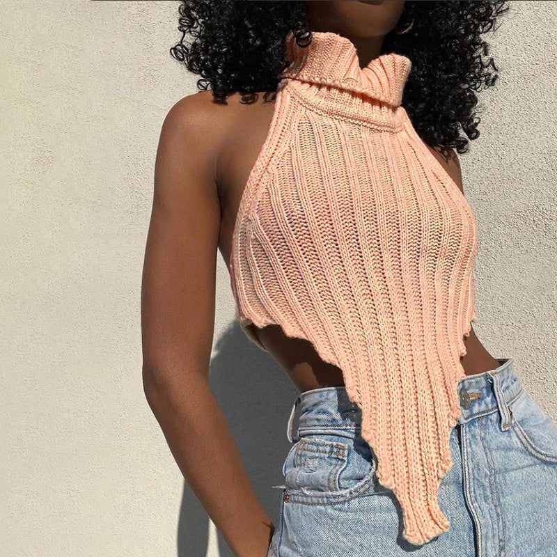 Sexy Backless Turtleneck Irregular Knit Vest Summer Slim-Fit Sweater