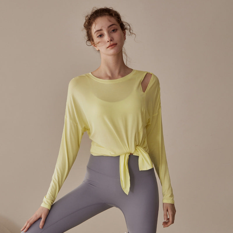 Sports Fitness Yoga Clothing Women's New Lulu Top Long Sleeve T-Shirt Loose Long Open Fork Knot Two Wear Smock