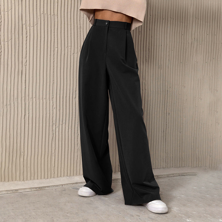 Spring Retro Classic Fashion Solid Color Loose High-Waisted Straight Pants Commuter Women's Casual Pants