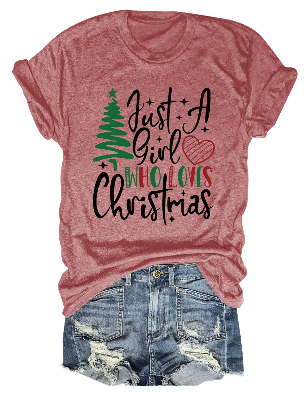 New Just A Girl Fun Christmas Tree Print Round Neck Short Sleeve Female Spot