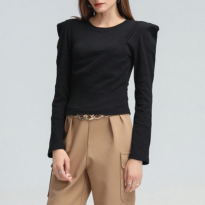 Shoulder Pad Base Shirt Spring New Fashion Round Neck Flying Sleeve Elastic Slim Short T-Shirt Woman