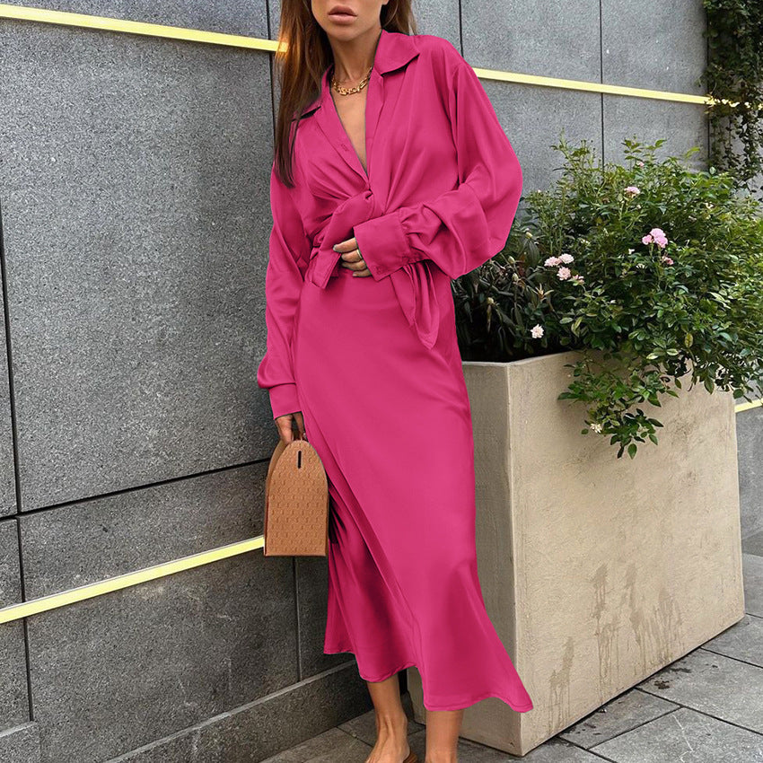 Satin Suit Collar Top High Waisted Fishtail Skirt Two-Piece Suit Temperament Women's Wear