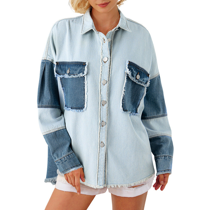 Autumn New Color Matching Denim Coat Women Casual With Loose Button Long Sleeve Jacket Women