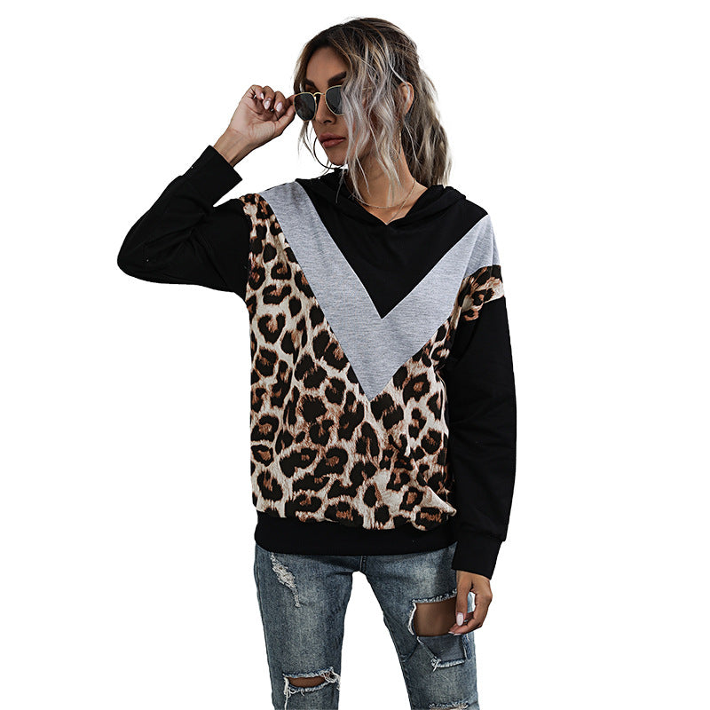 Splicing Leopard Hoodie Hooded Long-Sleeved Casual Street Women New