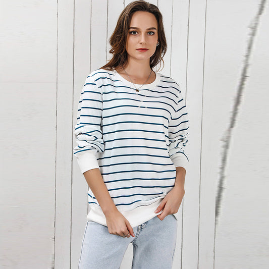 Early Autumn New Striped Long-Sleeved Top Women Casual Style Loose Pullover Crewneck Sweater Women