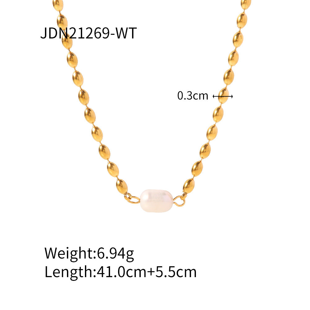 5pcs Niche Design Fashion Fasteners Natural Light Pearl Oval Gold Bean Titanium Steel Bracelet/Necklace