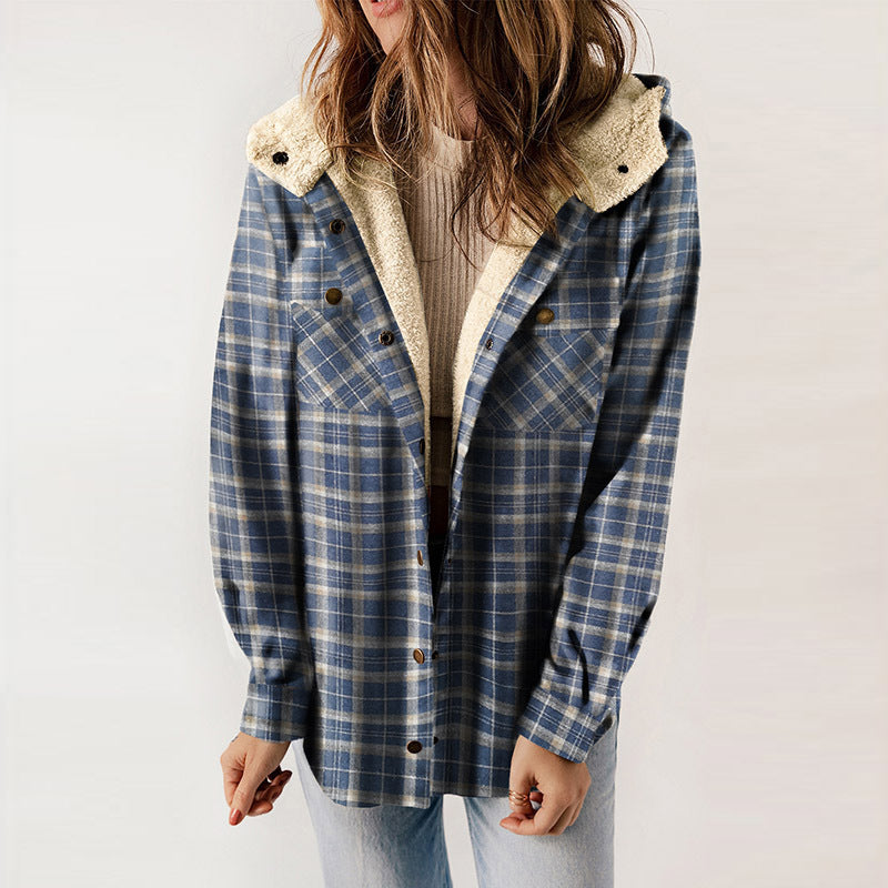 Winter New Casual Plaid Hooded Coat Woman Thick Plus Fleece Warm Jacket Woman