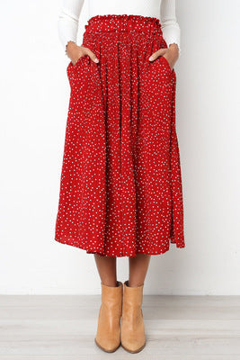 Stylish Polka Dot Sweet Pocket Pleated Skirt Long Skirt