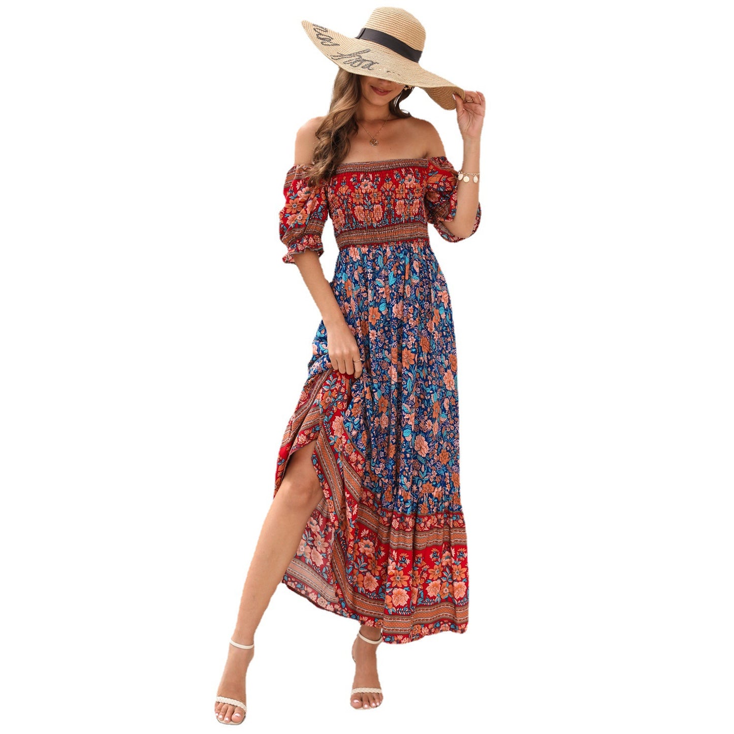 Bohemian Beach Holiday Dress One-Shoulder Puff Sleeve Long Dress