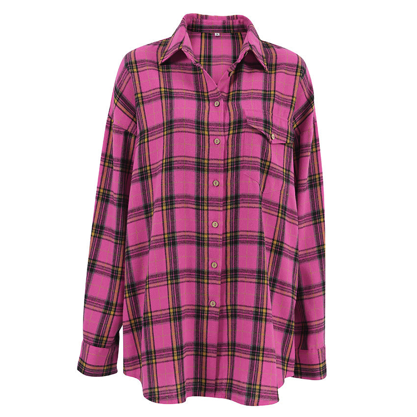 Rose Vintage Classic Plaid Long-Sleeved Lazy Shirt New Autumn Fashion Loose Woman