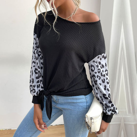 New Fashion Women's Crew-Neck Long Sleeve Stitching Leopard Print Black Sweater