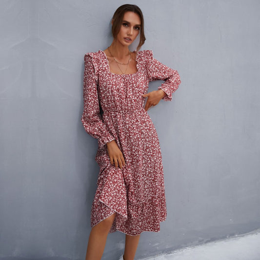 New Fashion Spring Women's Long-Sleeved Floral Square Collar Dress