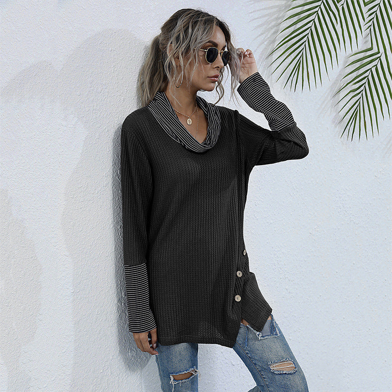 Women's Autumn Loose Pile Collar Shirt Long Sleeve Splicing Knitwear