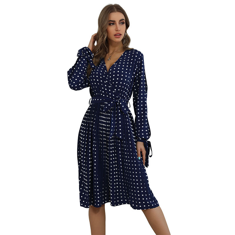 Fashion Women's Hollow Long-Sleeved Blue Polka Dot Dress Autumn And Winter