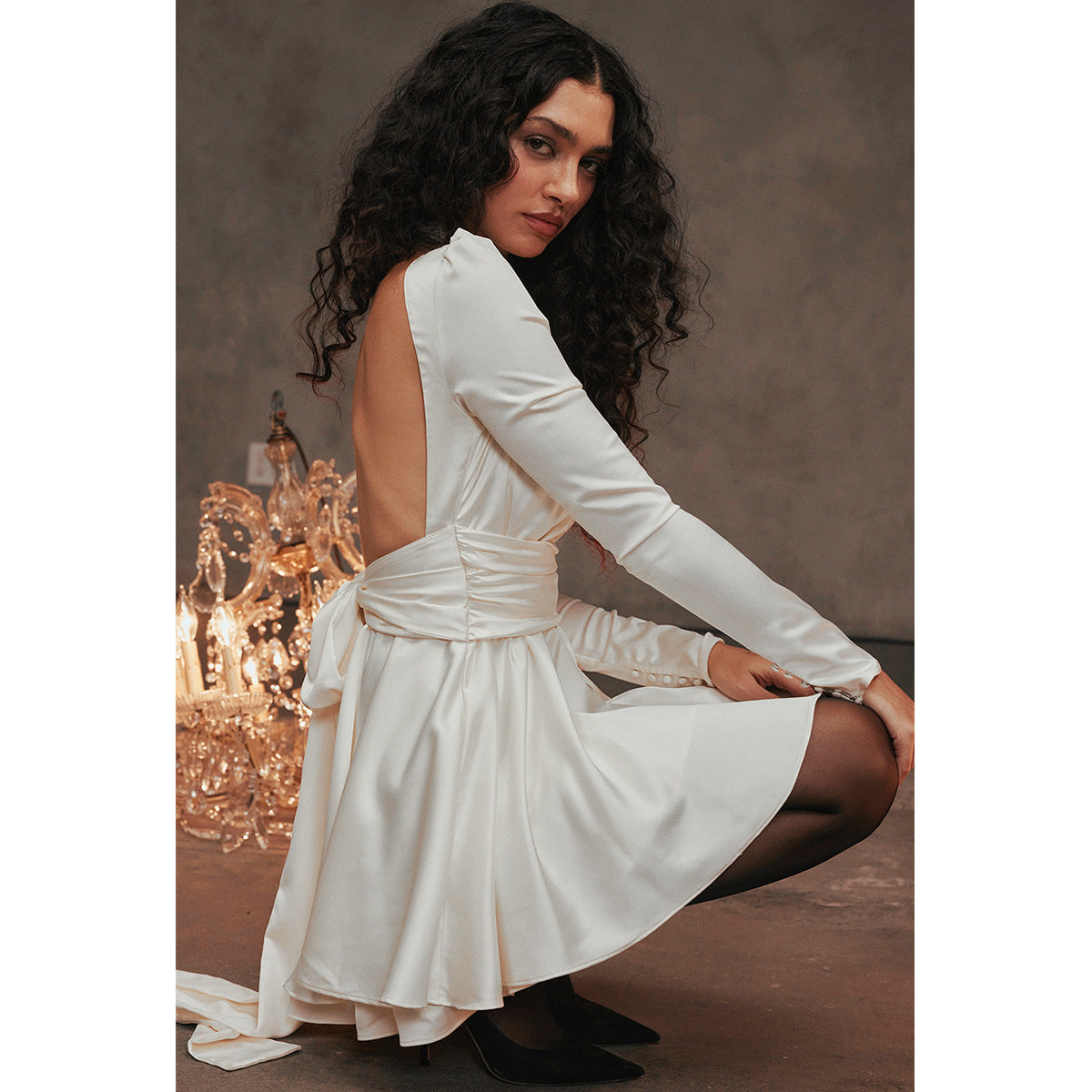 Spice Dress Sexy Hollow Long Sleeve Halter Dress Bow White Skirt Pure Wind