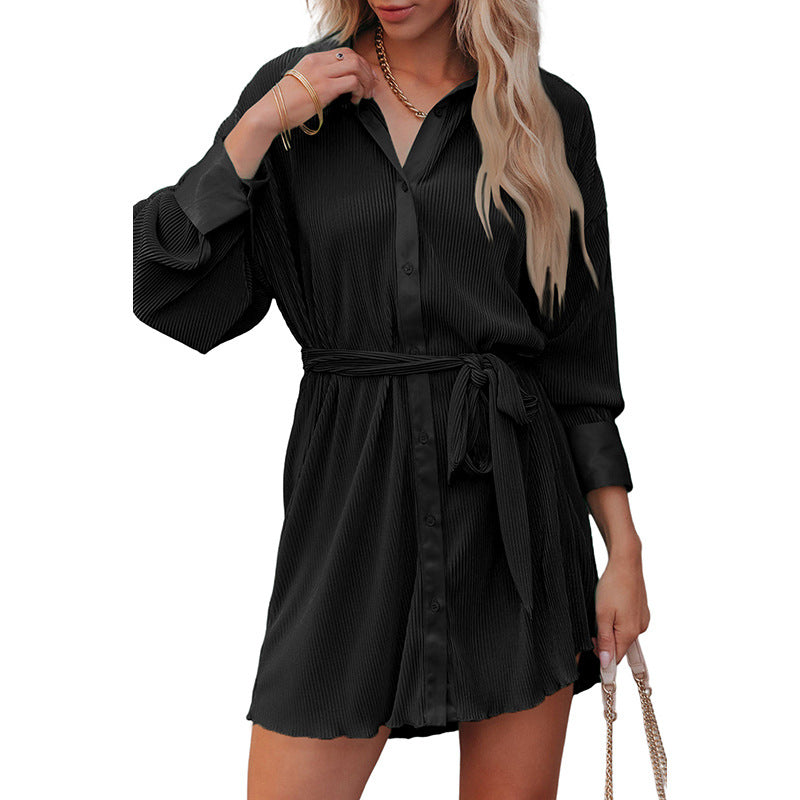 Autumn New Solid Color Long-Sleeved Dress Female Commuter Style Lace-Up Slim-Fit Knee-Length Skirt Female