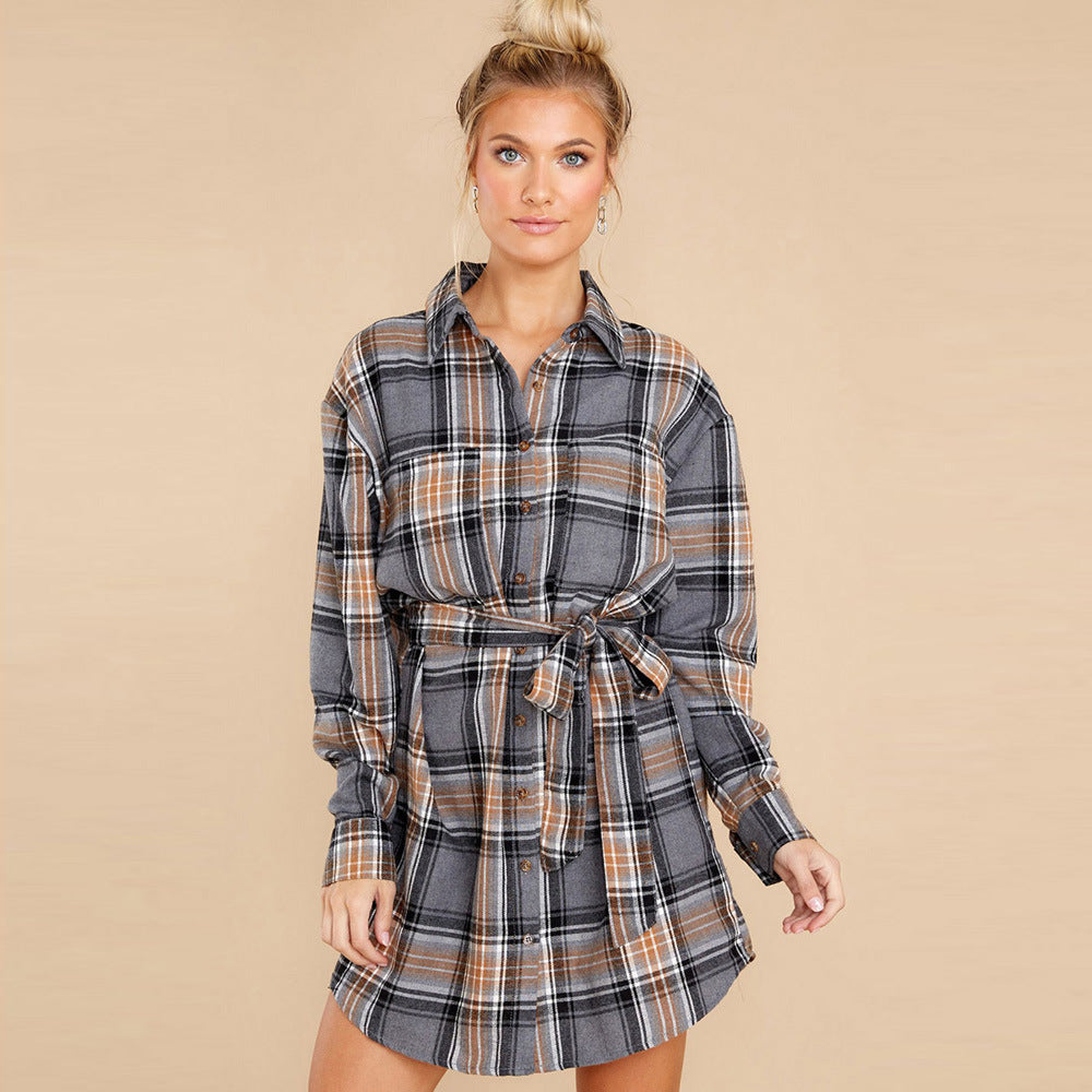 Autumn And Winter New Plaid Print Dress Women Loose Lapel Long Sleeve Knee Skirt