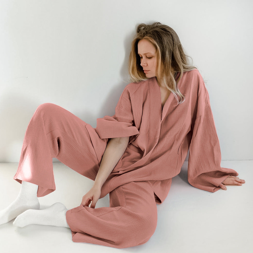 Spring Loose Double-Layer Gauze Shirt And Trousers Two-Piece Women's Cotton Casual Fashion Suit Women