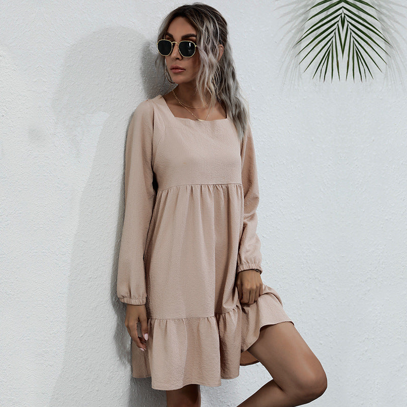 Fashion Women's Backless Ruffled Square Collar Loose Long-Sleeved Dress