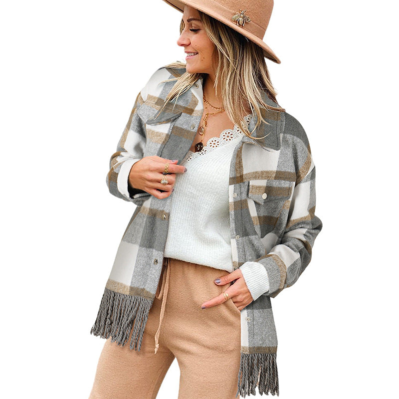 Autumn New Plaid Print Long-Sleeved Coat Women Design Sense Of Furred Edge Lapel Jacket Women