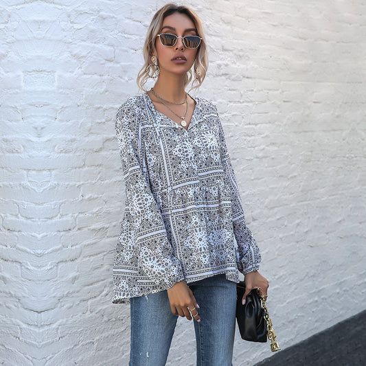 Retro Top V-Neck Fringe Sleeve Long-Sleeve Printed Shirt