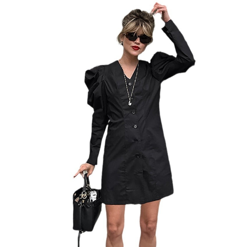 Black V-Neck Puffy Sleeve Commuter Dress New Autumn Fashion Short Skirt Women