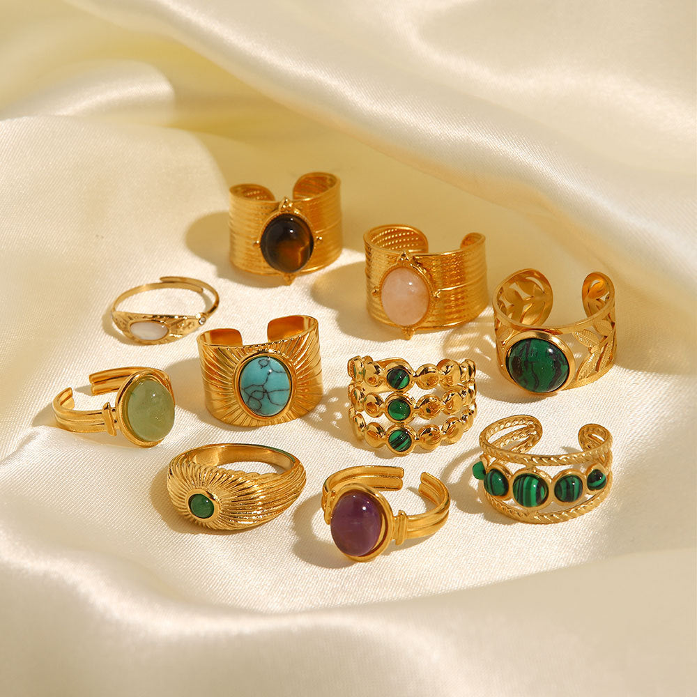 5pcs Vintage Stainless Steel Ring 18K Gold Plated Ring Set With Malachite Jewelry Accessories