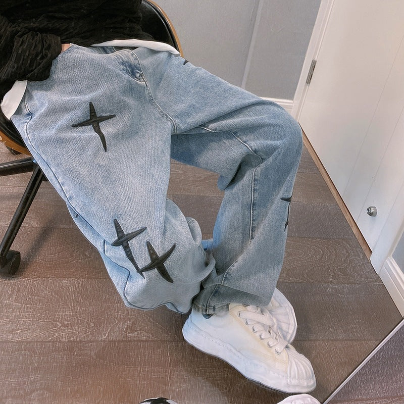 Men Straight Leg Loose Spring And Autumn New Casual Men's Nine Points Pants Port Wind Wide Leg Pants Jeans