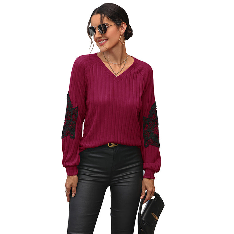 Loose Long Sleeve V-Neck T-Shirt Lace Stitching Casual Women's Blouse Simple Temperament T-Shirt