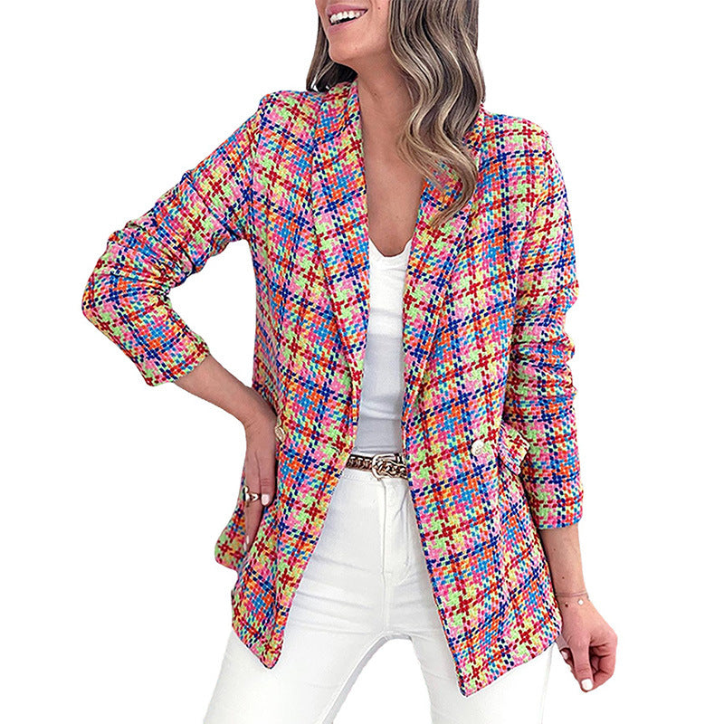 Autumn And Winter New Long-Sleeve Pocket Print Plaid Slim Coat Woman