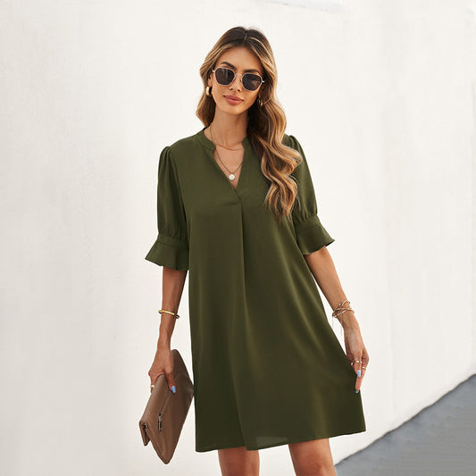 Summer New Chiffon Dress Women Loose Mid-Sleeve Solid Color V-Neck Knee Skirt