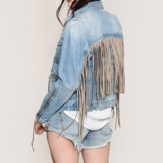 Autumn Fringe Jacket Top Fashion Long Sleeve Slim Punk Denim Coat Women