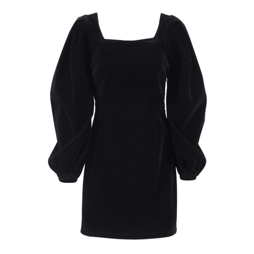 Autumn New Square Collar Black Bubble Sleeve Long Sleeve Canary Dress Women's Dress Hip Skirt