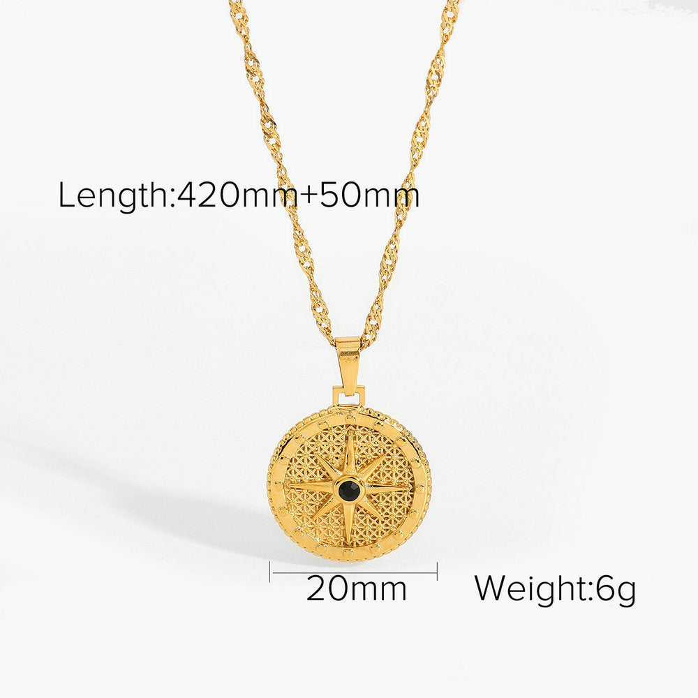 5pcs Street Men's And Women's Pendant Necklace Round Octet Star Black Diamond Stainless Steel Necklace