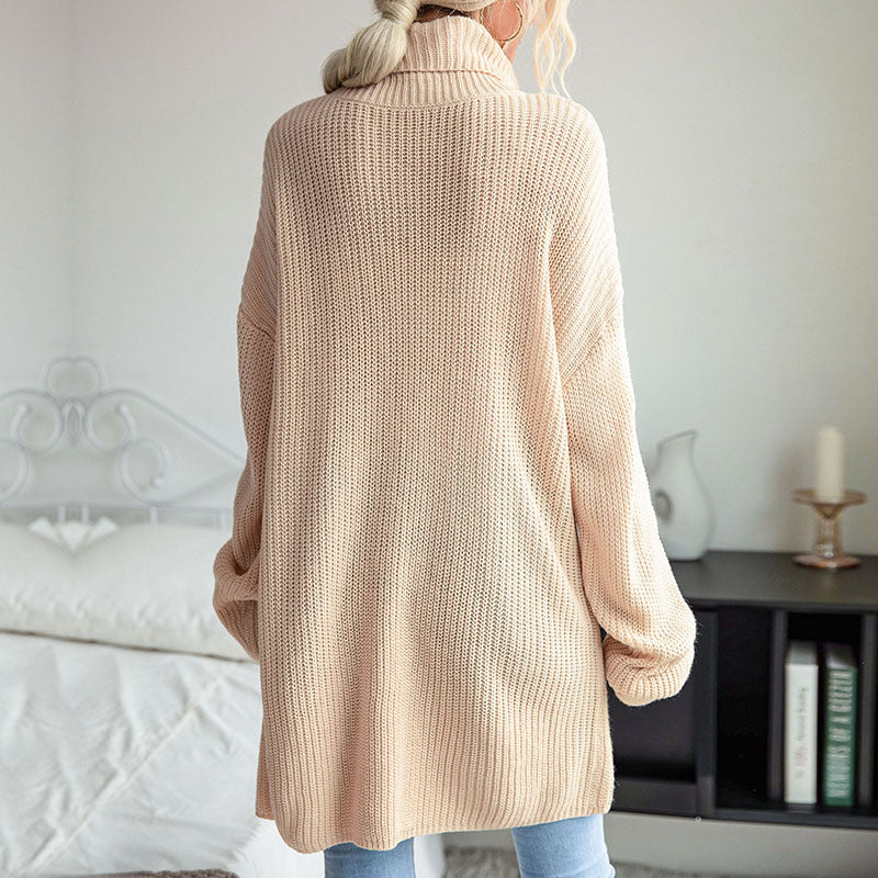 New Autumn And Winter Fashion Women's Solid Color Slit Long-Sleeved Turtleneck Sweater Dress