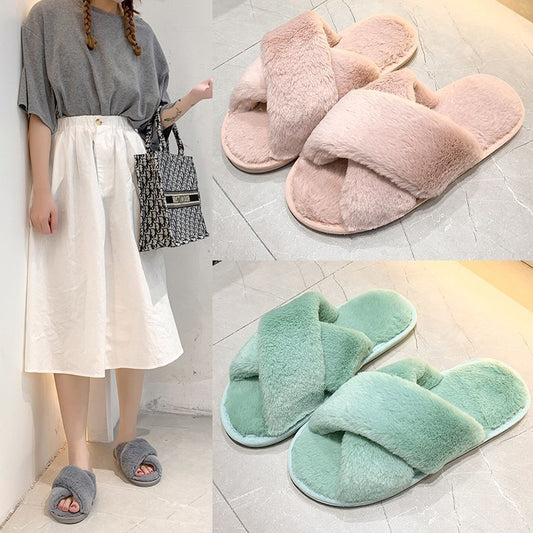 Autumn And Winter New Big Rabbit Velvet Cross-Belt Couple Floor Cotton Slippers Indoor Home Warm Non-Slip Plush Cotton Slippers