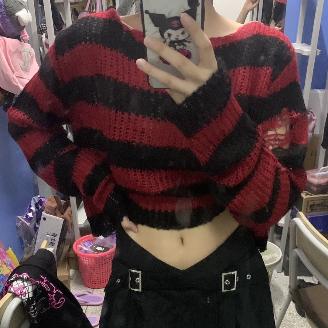 Knitwear Women's Mid-Length Punk Dark Holes Torn Sweater Couple Stripes Loose