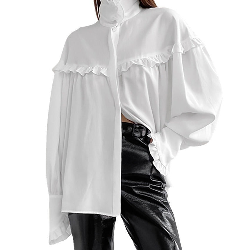 White Lapel Design Lace Chiffon Loose Temperament Shirt New Autumn Fashion Women