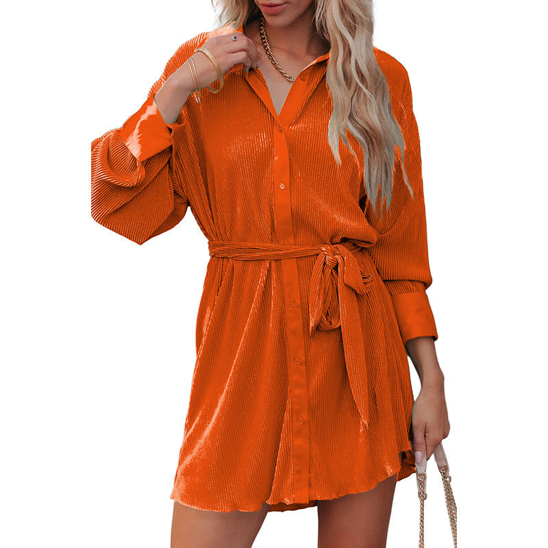 Autumn New Solid Color Long-Sleeved Dress Female Commuter Style Lace-Up Slim-Fit Knee-Length Skirt Female