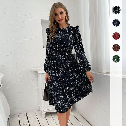 New Fashion Women's Flanged Polka Dot Long-Sleeved Dress Autumn And Winter