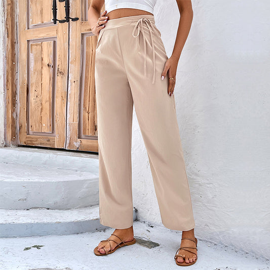 New Spring And Summer Pants High-Waisted Solid Color Commuter Wind Nine Points Lace-Up Straight Pants Women