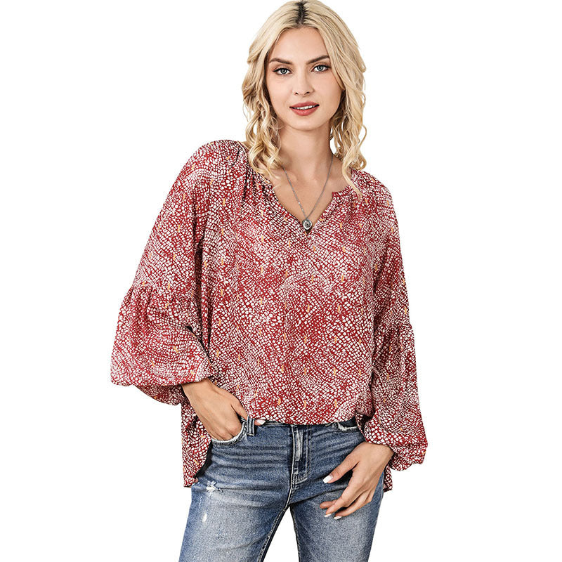 Autumn New Thin V-Neck Abstract Printed Chiffon Shirt Women Casual All-Match Long-Sleeved Pullover Woman