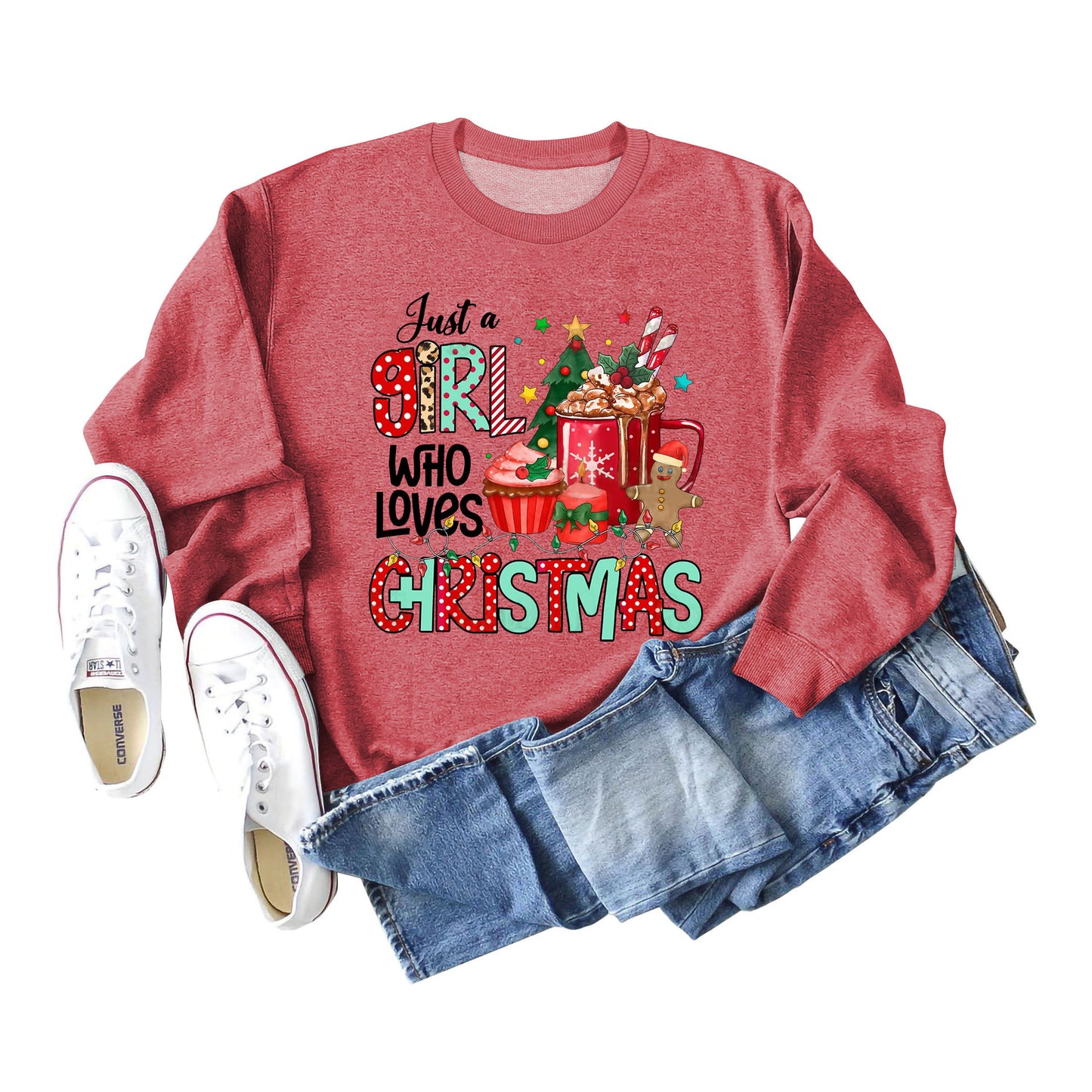 Just A Girl Who Letters Christmas Bottom Crewneck Long-Sleeved Hoodie