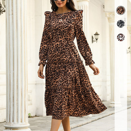 Retro Women's Autumn And Winter New Leopard Print Ruffled Long-Sleeved Dress In The Long