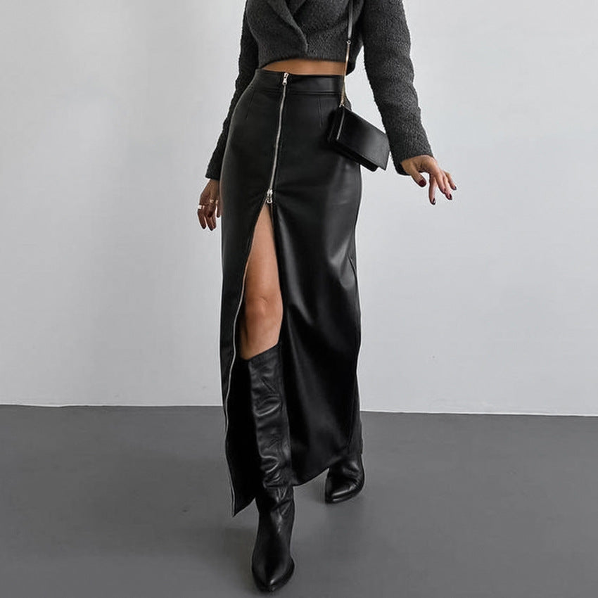 Black Velvet Faux Leather Sexy Slit High Waist Skirt New Fall Fashion Woman