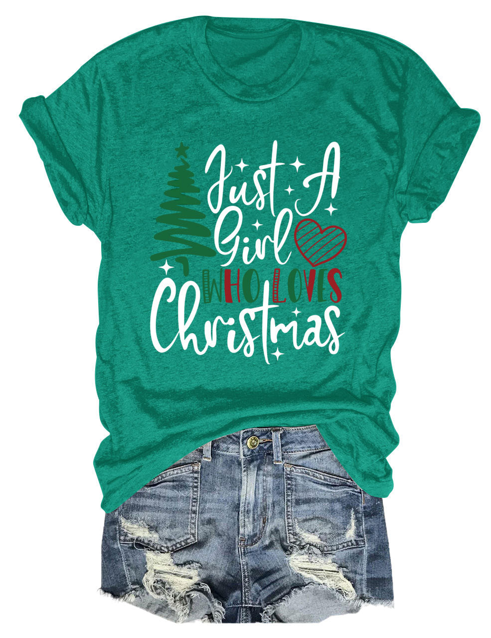 New Just A Girl Fun Christmas Tree Print Round Neck Short Sleeve Female Spot