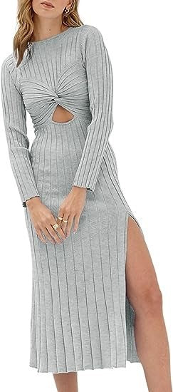 New Hollow Round Neck Solid Color Long Sleeve Slit Knit Dress