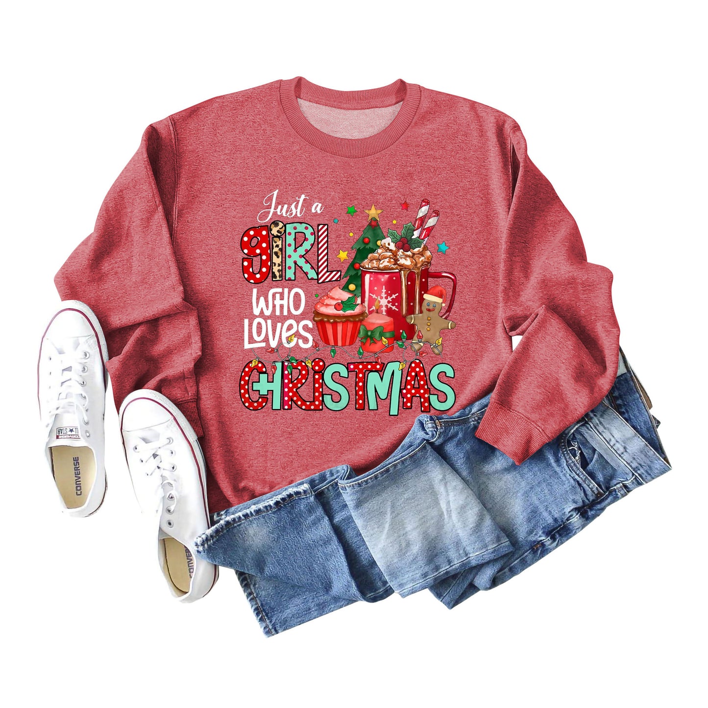 Just A Girl Who Letters Christmas Bottom Crewneck Long-Sleeved Hoodie