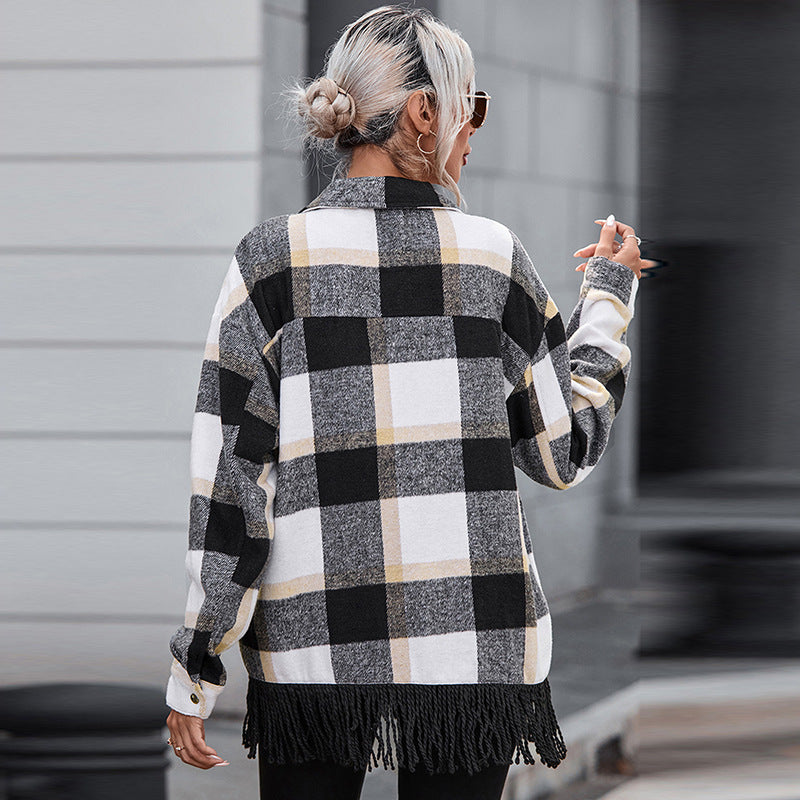 Autumn New Plaid Print Long-Sleeved Coat Women Design Sense Of Furred Edge Lapel Jacket Women